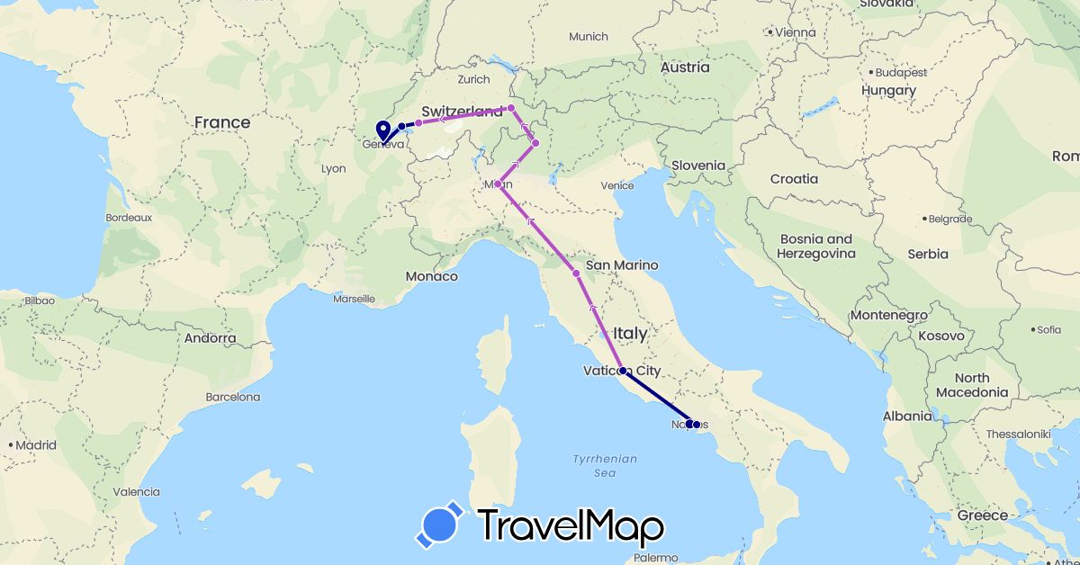 TravelMap itinerary: driving, train in Switzerland, Italy (Europe)